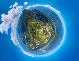 360 degree planet panorama aerial view over Piatra Craiului mountains peak in Transylvania, Romania
