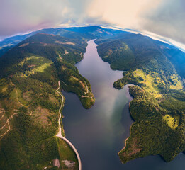 Aerial view over the forest and lake. View from drone. Aerial top view forest and blue lake. Transylvania, Romania
