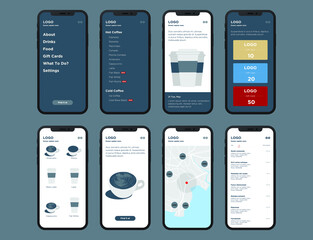 Modern coffee store app design. UI, UX Kit for responsive mobile app or website. Dashboard, user panel mobile app.