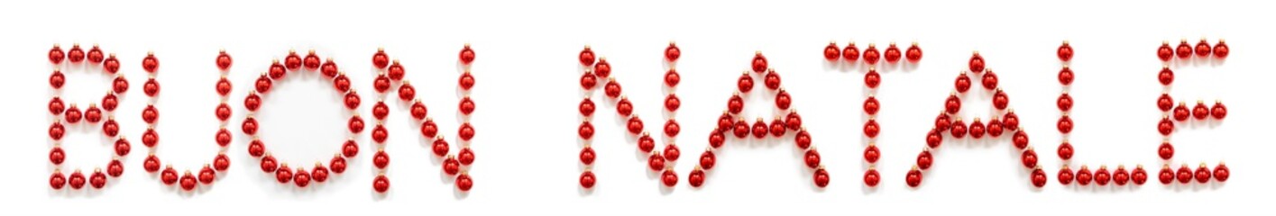 Red Christmas Ball Ornament Building Italian Word Buon Natale Means Merry Christmas. Festive Christmas Decoration. White Isolated Background