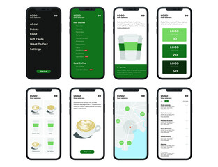 Modern coffee store app design. UI, UX Kit for responsive mobile app or website. Dashboard, user panel mobile app.