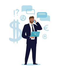 A businessman is standing with a laptop and talking on the phone. Concept illustration about business, career, investment. Cartoon vector illustration isolated on white background