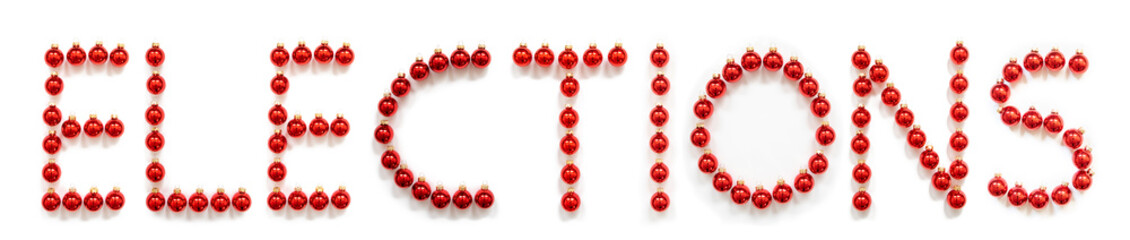 Red Christmas Ball Ornament Building English Word Elections. Festive Christmas Decoration. White Isolated Background