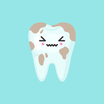 Dirty spoted tooth with emotional face, cute colorful vector icon illustration. Cartoon flat isolated image