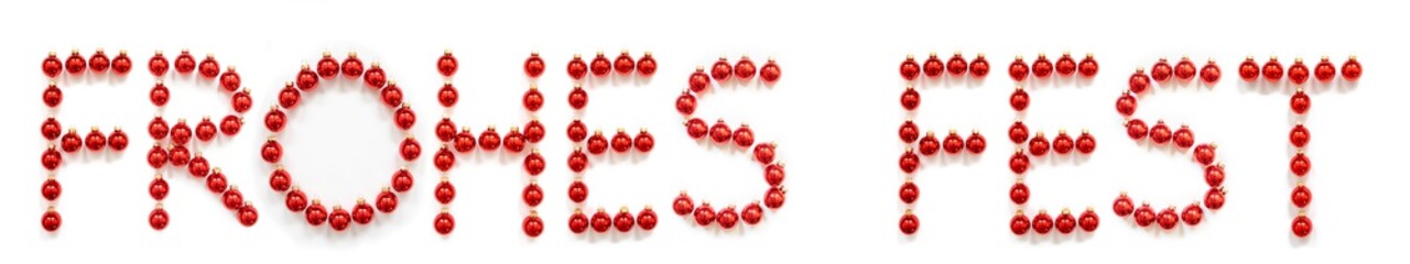 Red Christmas Ball Ornament Building German Word Frohes Fest Means Merry Christmas. Festive Christmas Decoration. White Isolated Background