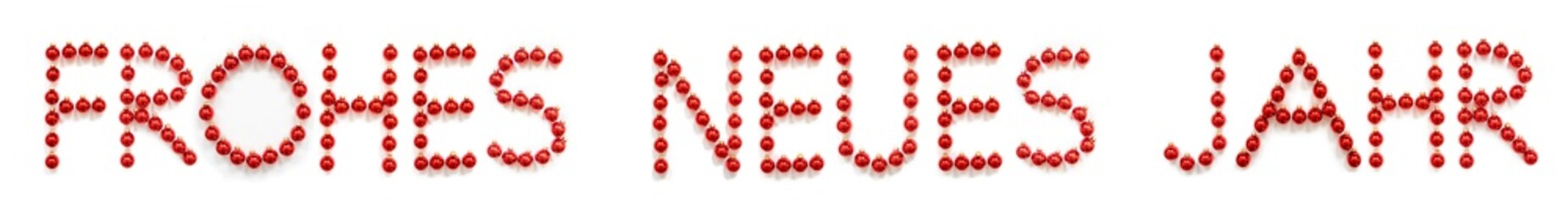 Red Christmas Ball Ornament Building German Word Frohes Neues Jahr Means Happy New Year. Festive Christmas Decoration. White Isolated Background