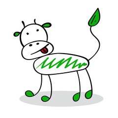 cow Doodle hand drawn in black with green inserts on a white background smiling calf happy Christmas bull Chinese new year
