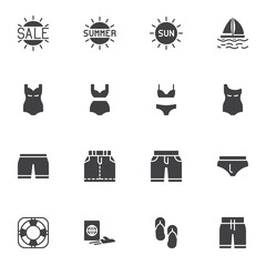 Summer accessory vector icons set, modern solid symbol collection, filled style pictogram pack. Signs, logo illustration. Set includes icons as swimsuit, beach shorts, sun, sailboat, travel passport