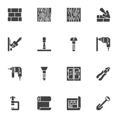 Fototapeta premium Construction and home repair vector icons set, modern solid symbol collection, filled style pictogram pack. Signs, logo illustration. Set includes icons as brick wall, electric hammer drill, blueprint