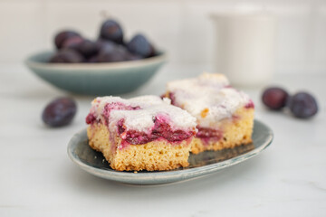sweet home made coconut plum pie on a table