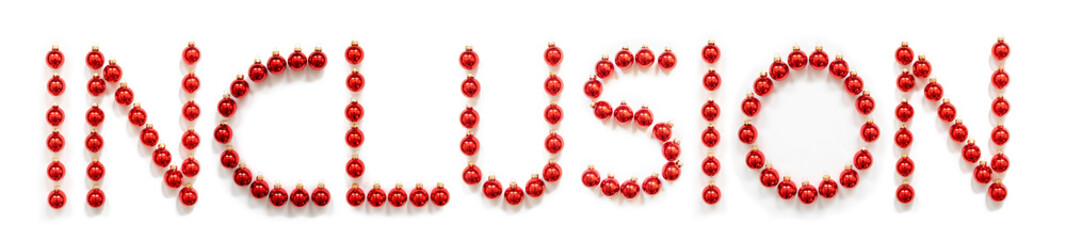 Red Christmas Ball Ornament Building English Word Inclusion. Festive Christmas Decoration. White Isolated Background