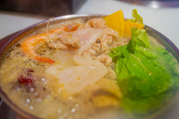 Close up shot of fresh seafood hot pot
