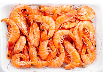 Boiled fresh prawns on white background