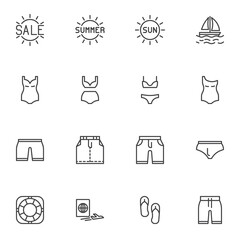 Summer accessory line icons set, outline vector symbol collection, linear style pictogram pack. Signs, logo illustration. Set includes icons as swimsuit, beach shorts, sun, sailboat, travel passport