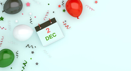 Happy Independence Day of United Arab Emirates UAE decoration background, banner, template, flyer, calendar date, balloon, ribbon, confetti, copy space, 3D rendering.