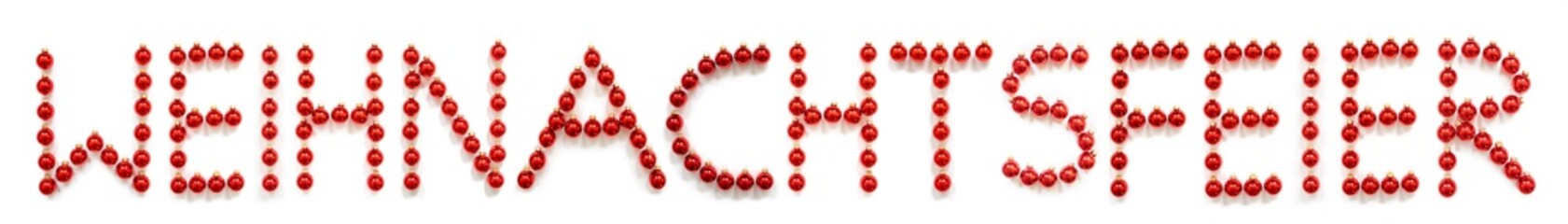 Red Christmas Ball Ornament Building German Word Weihnachtsfeier Means Christmas Party. Festive Christmas Decoration. White Isolated Background