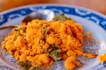 Close up shot of delicious Pork floss breakfast plate