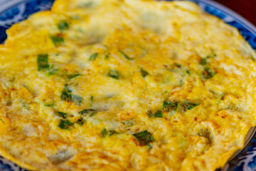Close up shot of delicious fried egg breakfast plate