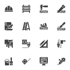 Construction and repair tool vector icons set, modern solid symbol collection, filled style pictogram pack. Signs, logo illustration. Set includes icons as safety hard hat, hammer, ladder, hand saw