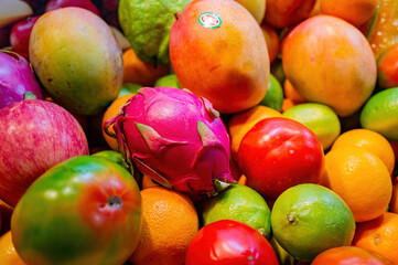 Close up shot of many fruits
