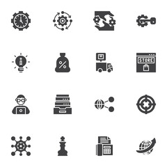 SEO vector icons set, modern solid symbol collection, filled style pictogram pack. Signs, logo illustration. Set includes icons as time management, information, link share, online store, setting gears