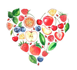 Watercolor illustrations with different fruits, berries and leaves isolated on the white background. Heart-shaped.