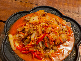 Close up shot of fried kimchi pork