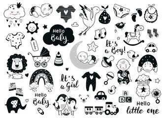 Baby and kids design elements. Perfect for baby shower invitation nursery decor, birthday greeting cards, sticker kit. Cute black and white illustrations.