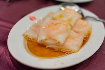 Close up shot of Steamed Rice Roll with Shrimps