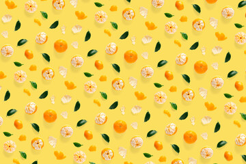 Isolated tangerine citrus collection background with leaves. Tangerines or mandarin orange fruits on yellow background. mandarine orange background.