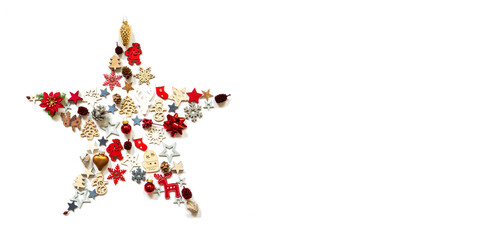 Christmas Star Build Of Colorful Vairous Christmas Decoration And Ornaments. White Isolated Background With Copy Space