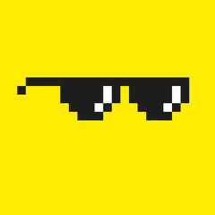 Icon of pixel sunglasses from the sun. Simple vector linear illustration on a yellow background