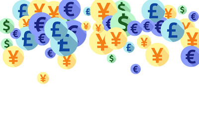 Fototapeta premium Euro dollar pound yen round icons scatter money vector illustration. Deposit concept. Currency 