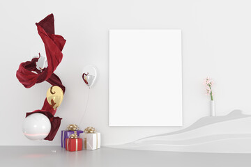 Mock up designer room with canvas, gold balloons, falling blanket and flower to celebration a wedding. Empty space for advertising, promotion, social media banners. White room.