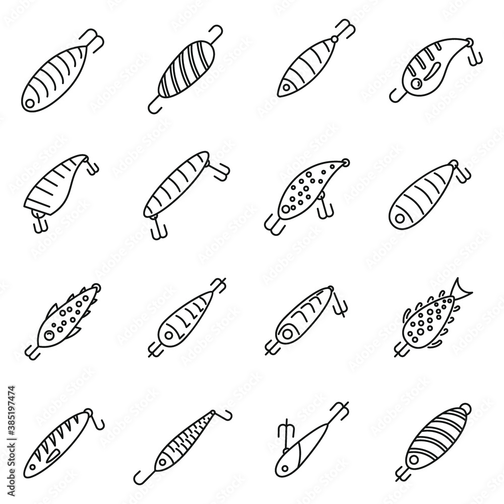 Aufkleber hobby fish bait icons set. outline set of hobby fish bait vector icons for web design isolated on wh