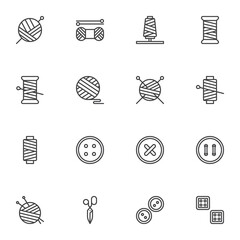 Sewing and needlework line icons set, outline vector symbol collection, linear style pictogram pack. Signs, logo illustration. Set includes icons as balls of yarn knitting needles, thread , scissors