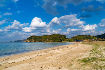 Fototapeta na wymiar Sandy beach and island in Yamaguchi city, JAPAN.