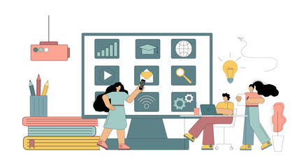 Concept Digital classroom, virtual learning, online learning. Flat people study, conduct a seminar, conference using modern technologies. Vector isolated illustration