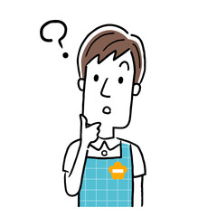 イラスト素材：若い保育士の男性、疑問、考える
