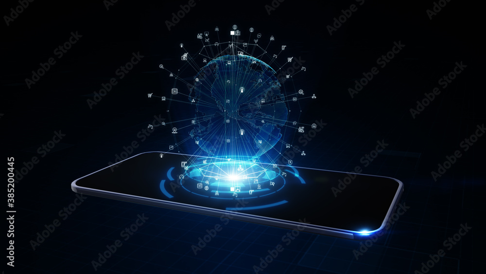 Poster smart phone of 5g high speed internet connection of internet of things iot, technology network digit