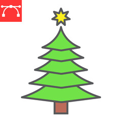 Christmas tree color line icon, merry christmas and xmas, fir tree sign vector graphics, editable stroke filled outline icon, eps 10.