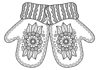 Vector christmas coloring page for adults. Knitted mittens on white background. Elements for Christmas templates, cards and invitation