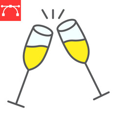 Champagne glasses color line icon, merry christmas and toast, two glasses of champagne sign vector graphics, editable stroke filled outline icon, eps 10.