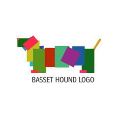 Fototapeta premium Basset hound dog animal logo Hunting dachshund icon sign symbol Abstract colorful creative geometric style Modern children's cartoon design Fashion print clothes apparel greeting invitation card cover