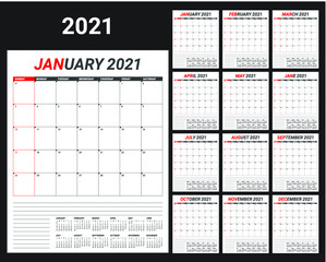 Year 2021 desk calendar vector illustration, simple and clean design. 
