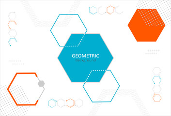 Minimal geometric abstract on white background. Element design with polygon shapes and decorate with lines and dots pattern. Copy space for text. Vector Illustration.