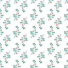 Christmas foliage and berry pattern background. Pretty festive winter holidays vector seamless repeat design in green and red. 