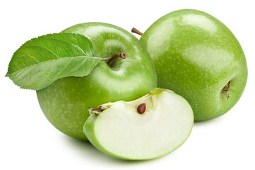 Two whole green apples and slice with leaves. Ripe apples on a white background. Apple with clipping path. Full depth of field