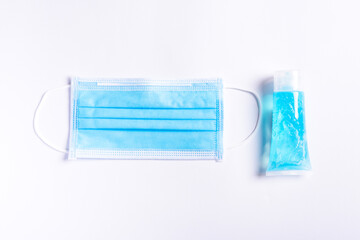 Medical protective face mask for cover mouth and nose and alcohol gel sanitizer hand gel cleaners, studio shot isolated on white background, Safety healthcare medical prevent coronavirus or Covid-19