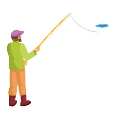 man stands backwards to us and catches fish with a fishing rod, cartoon illustration, isolated object on white background, vector,